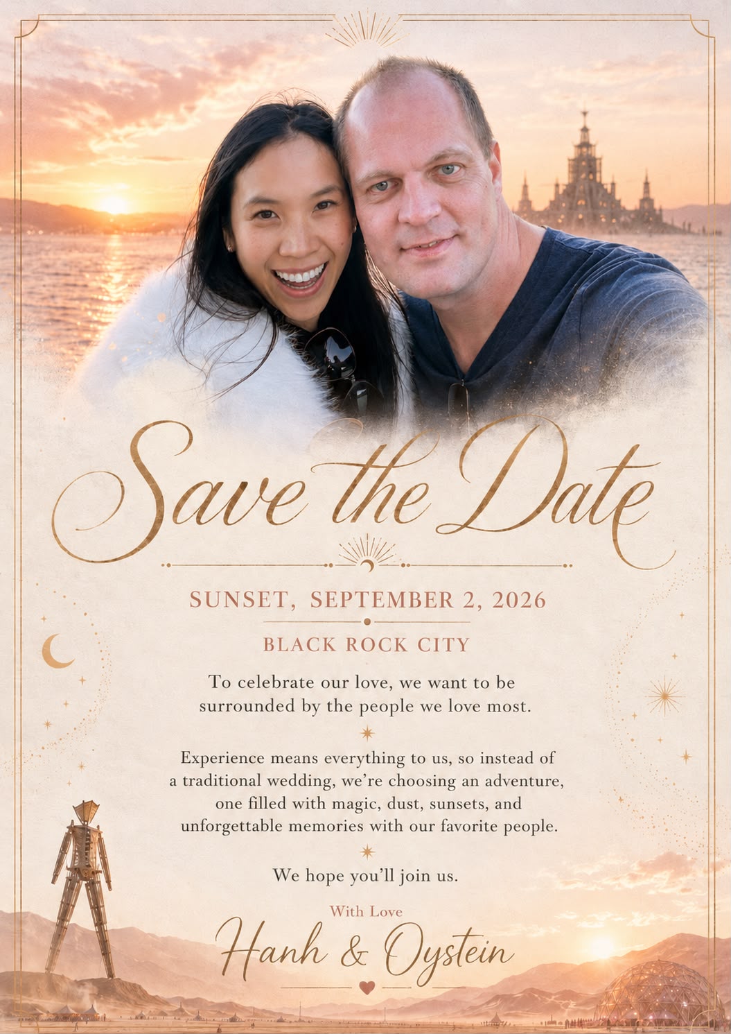 Save the Date card for Hanh and Oystein at sunset in Black Rock City