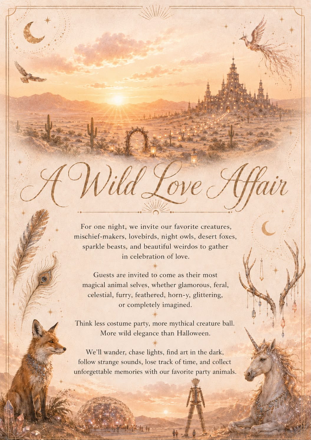 A Wild Love Affair invitation artwork with a golden desert, celestial details, and a wild creature-ball mood